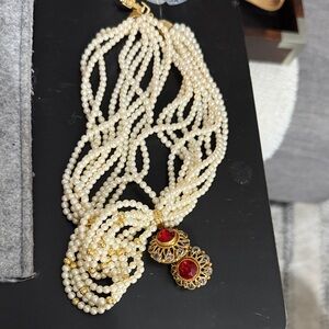 Elegant Pearl and Red Stone Necklace